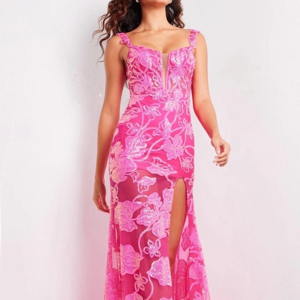 The Jovani NWT Hot Pink Sequin Plunging Neck Dress 38462 in size 4